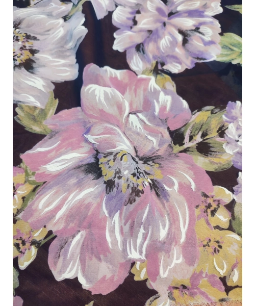 Czarna tkanina szyfon z wzorem - pastelowe kwiaty piwonii